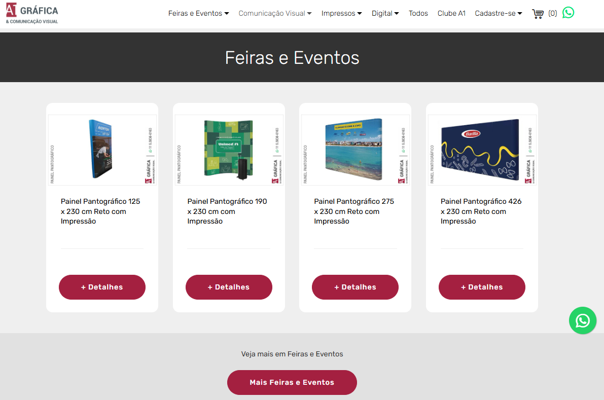 Página de produtos da A1 Gráfica na categoria Feiras e Eventos
