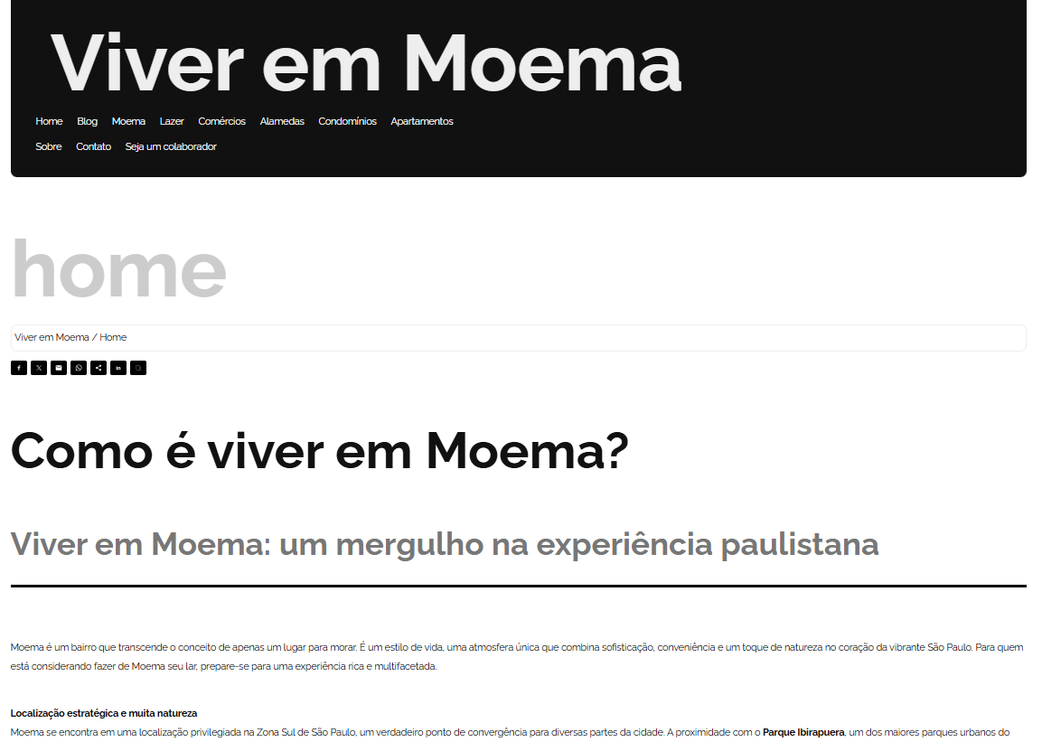 Página inicial do site Viver em Moema